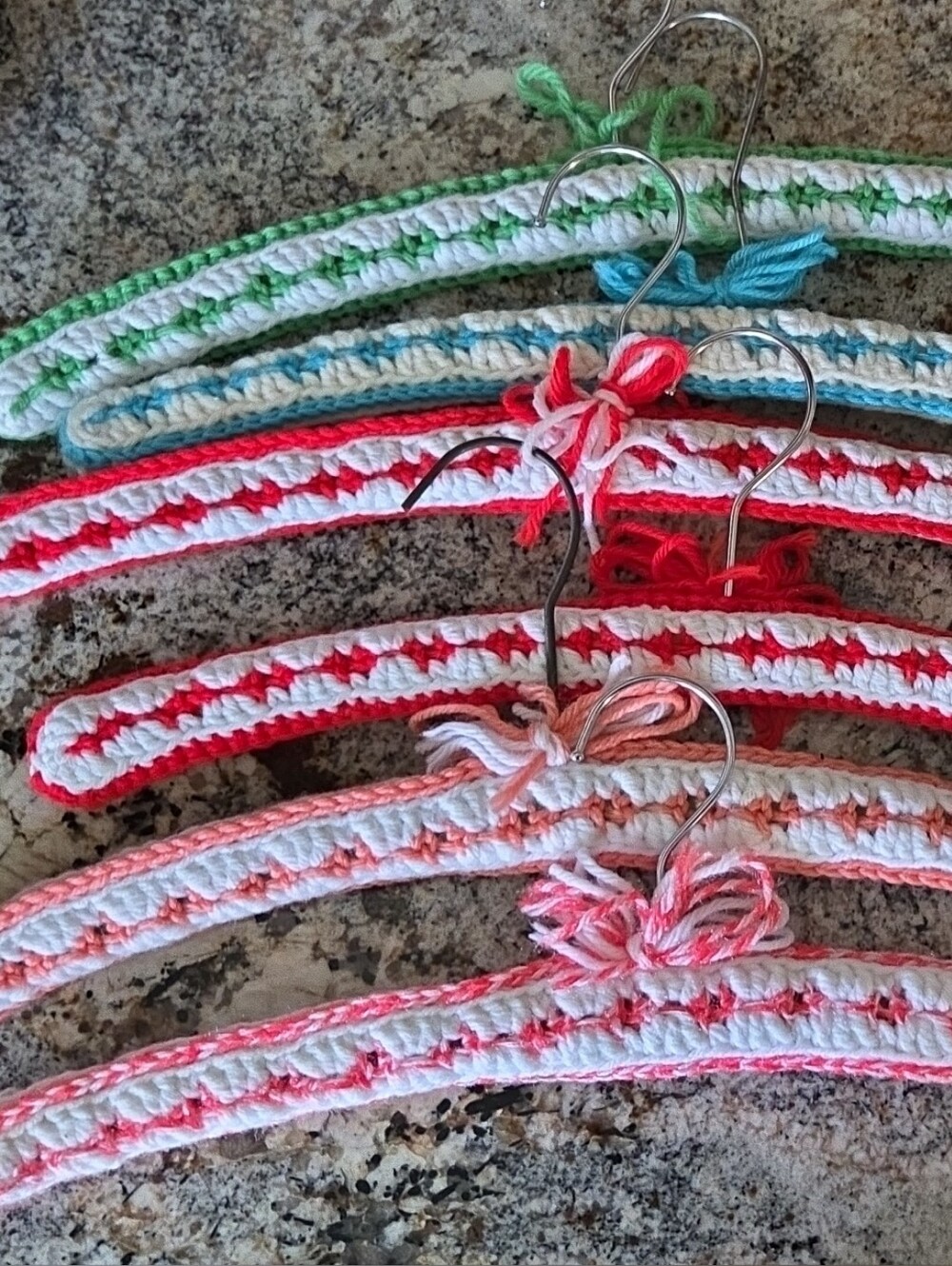 Vintage Crochet-Covered Adult Hangers — Pink, Red, Blue & Green